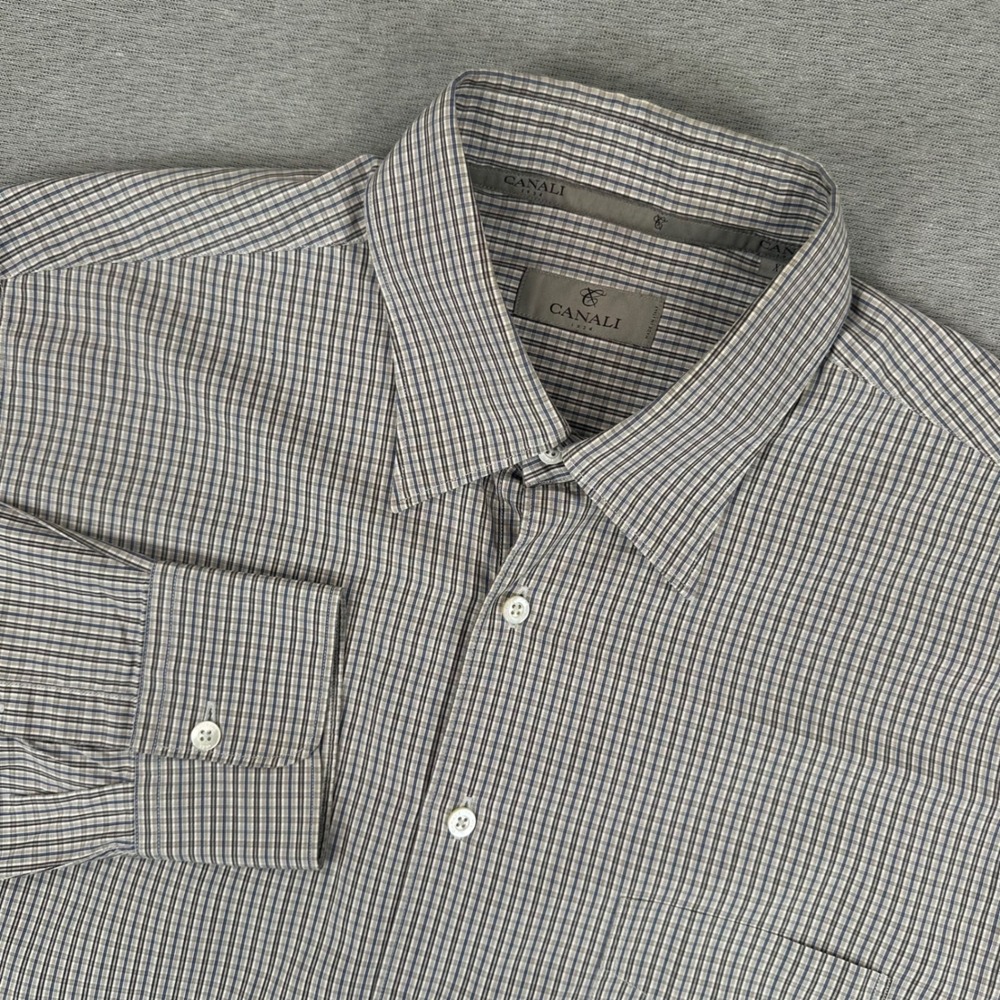 Canali Dress Shirt Mens XL Blue Brown Micro Check Button Down 1934 Made in Italy